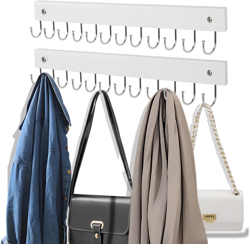 AnDock 2 Pack Purse Organizer Wall Mount with 24 Rotating 180° Coat Rack, 14.6" Wooden Entryway Purse Holder, Wall Hooks for Hanging Belts, Ties, Keys, Scarf, Bras, Bag, Space Saving Hanger (White) - Image 1